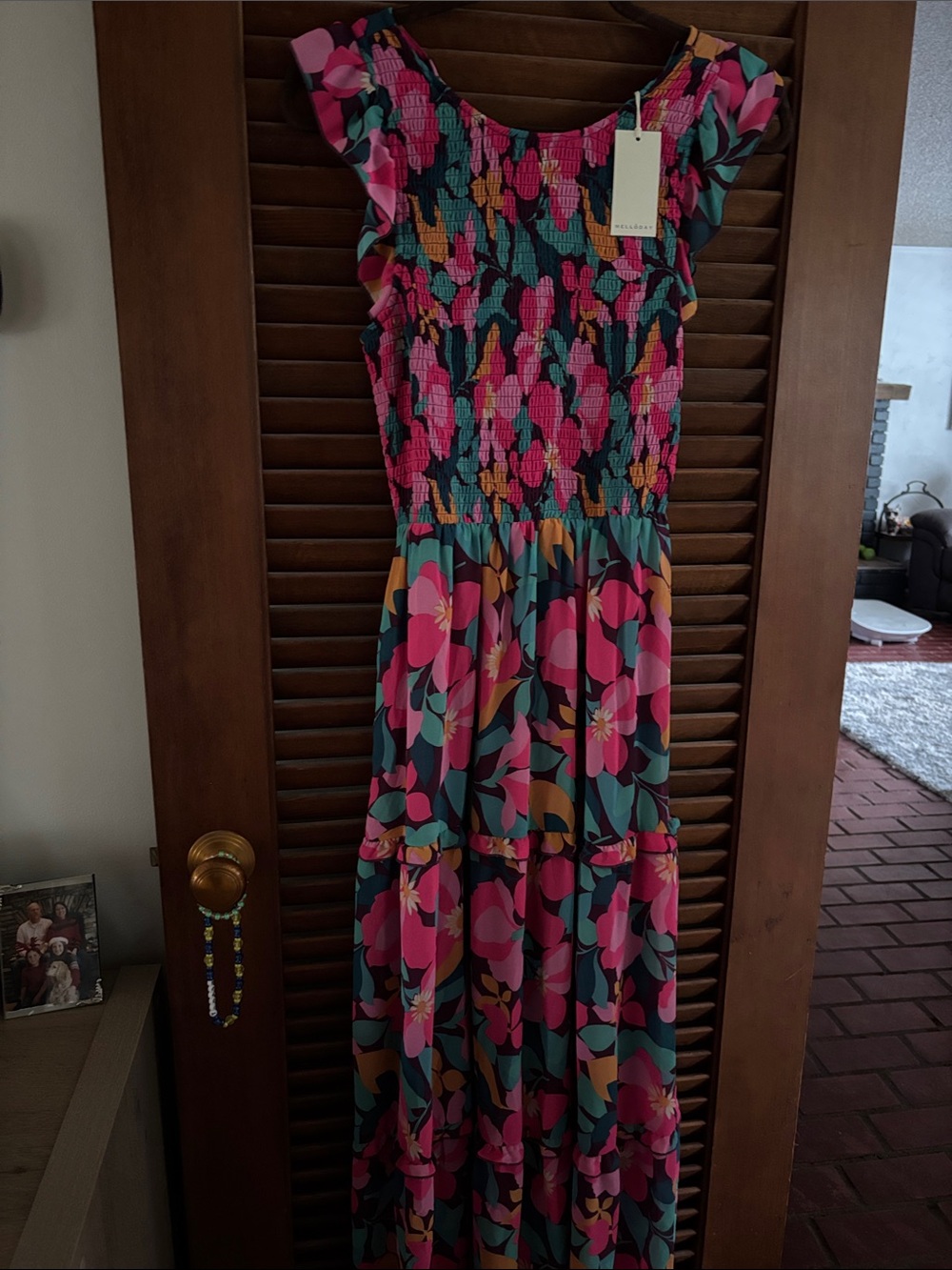 MELLODAY Pink & Teal Floral Maxi Dress with Smocked Bodice